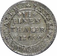 German States coin 1/6 Thaler - Friedrich August (1766) reverse reverse of 1/6 Thaler - Friedrich August (1766) coin with KM# 52 from German States. Inscription: LXXX · EINE · FEINE · MARCK · F · A · Z · L · M · VI EINEN THALER 1766