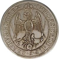 obverse of 1 Thaler - Ferdinand II (1624 - 1627) coin with KM# 27 from German States. Inscription: · IMP:C · S:FERD:II:P · F · GER:HVN:BOH:REX ·