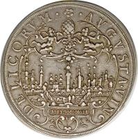 reverse of 1 Thaler - Ferdinand II (1624 - 1627) coin with KM# 27 from German States. Inscription: · AVGVSTA · VIN DELICORVM · MDCXXVII