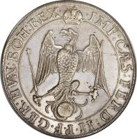 obverse of 1/2 Thaler - Ferdinand II (1627) coin with KM# 48 from German States. Inscription: · IMP:C · S:FERD:II · P · F · GER:HVN:BOH:REX ·