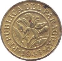 obverse of 10 Céntimos (1944 - 1947) coin with KM# 22 from Paraguay. Inscription: REPUBLICA DEL PARAGUAY