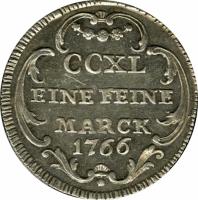 reverse of 5 Kreuzer (1766) coin with KM# 186 from German States. Inscription: CCXL EINE FEINE MARCK 1766