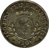 German States coin 10 Kreuzer - Karl Friedrich (1759 - 1775) reverse reverse of 10 Kreuzer - Karl Friedrich (1759 - 1775) coin with KM# 122 from German States. Inscription: 120 EINE FEINE MARCK 1775 10 W