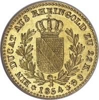 reverse of 1 Ducat - Friedrich I - Trade Coinage (1854) coin with KM# 227 from German States. Inscription: EIN DUCAT AUS RHEINGOLD ZU 22 K. 6 G. * 1854 *