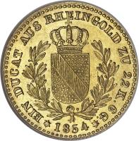 German States coin 1 Ducat - Friedrich I - Trade Coinage (1854) reverse reverse of 1 Ducat - Friedrich I - Trade Coinage (1854) coin with KM# 227 from German States. Inscription: EIN DUCAT AUS RHEINGOLD ZU 22 K. 6 G. * 1854 *