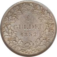 German States coin 1 Gulden - Leopold I (1842 - 1845) reverse reverse of 1 Gulden - Leopold I (1842 - 1845) coin with KM# 214 from German States. Inscription: 1 GULDEN 1852
