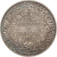 German States coin 2 Thaler / 3 1/2 Gulden - Leopold I (1841 - 1843) reverse reverse of 2 Thaler / 3 1/2 Gulden - Leopold I (1841 - 1843) coin with KM# 212 from German States. Inscription: VEREINSMUNZE 3½ GULDEN 2 THALER 1842 VII EINE F. MARK