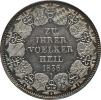 German States coin 1 Kronenthaler - Leopold I - Customs union (1836) reverse reverse of 1 Kronenthaler - Leopold I - Customs union (1836) coin with KM# 206 from German States. Inscription: ZU IHRER VOELKER HEIL 1836