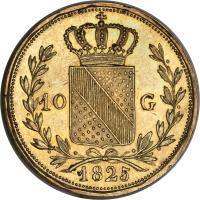 reverse of 10 Gulden - Ludwig I (1819 - 1825) coin with KM# 177 from German States. Inscription: 10 G 1825