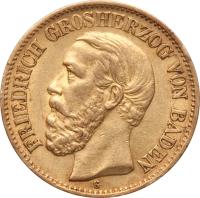 German States coin 10 Mark - Friedrich I (1875 - 1888) obverse obverse of 10 Mark - Friedrich I (1875 - 1888) coin with KM# 264 from German States. Inscription: FRIEDRICH GROSHERZOG VON BADEN G
