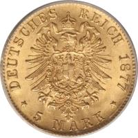 German States coin 5 Mark - Friedrich I (1877) reverse reverse of 5 Mark - Friedrich I (1877) coin with KM# 266 from German States. Inscription: DEUTSCHES REICH 1877 * 5 MARK *