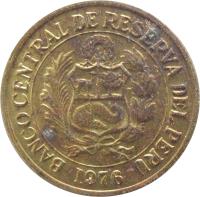 Peru coin 1 Sol de Oro - Larger; No mintmark (1975 - 1976) obverse obverse of 1 Sol de Oro - Larger; No mintmark (1975 - 1976) coin with KM# 266.1 from Peru. Inscription: BANCO CENTRAL DE RESERVA DEL PERU 1975