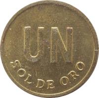 Peru coin 1 Sol de Oro - Larger; No mintmark (1975 - 1976) reverse reverse of 1 Sol de Oro - Larger; No mintmark (1975 - 1976) coin with KM# 266.1 from Peru. Inscription: UN SOL DE ORO