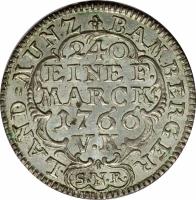 German States coin 5 Conventionskreuzer - Adam Friedrich (1766) reverse reverse of 5 Conventionskreuzer - Adam Friedrich (1766) coin with KM# 132 from German States. Inscription: LAND=MUNZ BAMBERGER 240 EINE F. MARCK. 1766 V.K. S.N.R.
