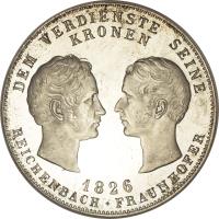 German States coin 1 Conventionsthaler - Ludwig I - Reichenbach and Fraunhofer (1826) reverse reverse of 1 Conventionsthaler - Ludwig I - Reichenbach and Fraunhofer (1826) coin with KM# 721 from German States. Inscription: DEM VERDIENSTE SEINE KRONEN 1826 REICHENBACH + FRAUNHOFER