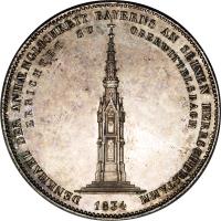 German States coin 1 Conventionsthaler - Ludwig I - Oberwittelsbach (1834) reverse reverse of 1 Conventionsthaler - Ludwig I - Oberwittelsbach (1834) coin with KM# 765 from German States. Inscription: DENKMAHL DER ANHÆNGLICHKEIT BAYERNS AN SEINEN HERSCHERSTAMM FRICHTET ZU OBERWITTELSBACH 1834