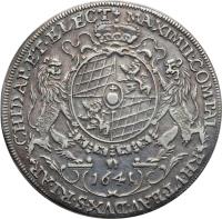 German States coin 1 Thaler - Maximilian I (1639 - 1641) obverse obverse of 1 Thaler - Maximilian I (1639 - 1641) coin with KM# 263 from German States.