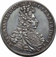 German States coin 1 Thaler - Maximilian II (1694) obverse obverse of 1 Thaler - Maximilian II (1694) coin with KM# 363.1 from German States. Inscription: MAX. EMANVEL. D. G. V. B & P. S. D. C. P. R. S. R. I. A. D & E. L. L.