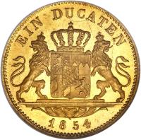 reverse of 1 Ducat - Maximilian II - Trade Coinage (1849 - 1856) coin with KM# 839 from German States. Inscription: EIN DUCATEN 1854
