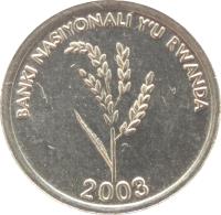 Rwanda coin 1 Franc (2003) obverse obverse of 1 Franc (2003) coin with KM# 22 from Rwanda. Inscription: BANK NASIYONALI Y'U RWANDA