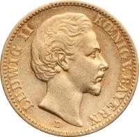 obverse of 20 Mark - Ludwig II (1872 - 1873) coin with KM# 894 from German States. Inscription: LUDWIG II KÖNIG V. BAYERN D
