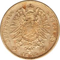 reverse of 20 Mark - Ludwig II (1872 - 1873) coin with KM# 894 from German States. Inscription: DEUTSCHES REICH 20 M. 18 72