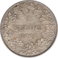 reverse of 1 Gulden - Ludwig II (1866 - 1871) coin with KM# 884 from German States. Inscription: 1 GULDEN 1868