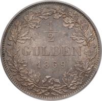 reverse of 1/2 Gulden - Ludwig II (1866 - 1871) coin with KM# 882 from German States. Inscription: ½ GULDEN 1869
