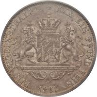 German States coin 1 Vereinsthaler - Ludwig II (1866 - 1871) reverse reverse of 1 Vereinsthaler - Ludwig II (1866 - 1871) coin with KM# 886.1 from German States. Inscription: EIN VEREINSTHALER * XXX EIN PFUND FEIN