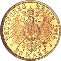 German States coin 20 Mark - Ludwig III (1914) reverse reverse of 20 Mark - Ludwig III (1914) coin with KM# 1009 from German States. Inscription: DEUTSCHES REICH 1914 * 20 MARK *