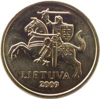 obverse of 10 Centų (1997 - 2014) coin with KM# 106 from Lithuania. Inscription: LIETUVA 2009