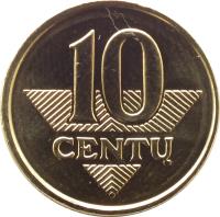reverse of 10 Centų (1997 - 2014) coin with KM# 106 from Lithuania. Inscription: 10 CENTŲ