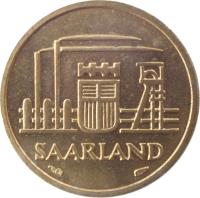 Saarland coin 10 Franken (1954) obverse obverse of 10 Franken (1954) coin with KM# 1 from Saarland. Inscription: SAARLAND