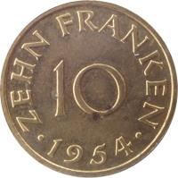 Saarland coin 10 Franken (1954) reverse reverse of 10 Franken (1954) coin with KM# 1 from Saarland. Inscription: ZEHN FRANKEN 10 · 1954 ·