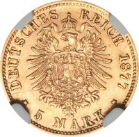 German States coin 5 Mark - Ludwig II (1877 - 1878) reverse reverse of 5 Mark - Ludwig II (1877 - 1878) coin with KM# 904 from German States. Inscription: DEUTSCHES REICH 1877 * 5 MARK *
