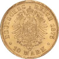 German States coin 10 Mark - Ludwig II (1874 - 1881) reverse reverse of 10 Mark - Ludwig II (1874 - 1881) coin with KM# 898 from German States. Inscription: DEUTSCHES REICH 1875 * 10 Mark *