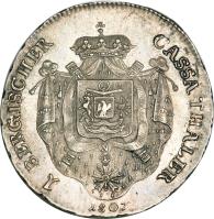 German States coin 1 Cassa Thaler - Joachim Murat (1807) reverse reverse of 1 Cassa Thaler - Joachim Murat (1807) coin with KM# 12 from German States. Inscription: 1 BERGISCHER CASSA THALER N 1807