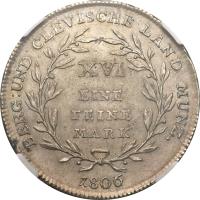 German States coin 1 Reichsthaler - Joachim Murat (1806) reverse reverse of 1 Reichsthaler - Joachim Murat (1806) coin with KM# 11 from German States. Inscription: BERG:UND CLEVISCHE LAND MUNZ. XVI EINE FEINE MARK 1806