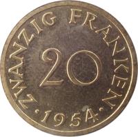 Saarland coin 20 Franken (1954) reverse reverse of 20 Franken (1954) coin with KM# 2 from Saarland. Inscription: ZWANZIG FRANKEN 20 · 1954 ·