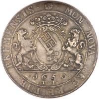 German States coin 1 Thaler - Ferdinand III (1650 - 1657) reverse reverse of 1 Thaler - Ferdinand III (1650 - 1657) coin with KM# 116 from German States. Inscription: BREMENSIS · · MON : NOVA : ARG : RIEPUB. · 1650 · · T · I ·