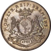 German States coin 1/2 Thaler - Franz I - New Business Exchange (1747 - 1748) reverse reverse of 1/2 Thaler - Franz I - New Business Exchange (1747 - 1748) coin with KM# 191 from German States. Inscription: MON.LIB.REIP:BREMENS. 1748
