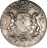 German States coin 1 Thaler - Karl VII (1743) reverse reverse of 1 Thaler - Karl VII (1743) coin with KM# 183 from German States. Inscription: MONETA. NOVA. REIPUBL: BREMENSIS.