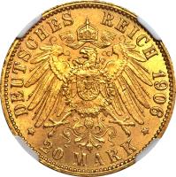 German States coin 20 Mark (1906) reverse reverse of 20 Mark (1906) coin with KM# 252 from German States. Inscription: DEUTCHES REICH 1906 * 20 MARK *