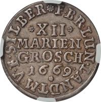 German States coin 12 Mariengroschen - Johann Friedrich (1668 - 1673) reverse reverse of 12 Mariengroschen - Johann Friedrich (1668 - 1673) coin with KM# 123 from German States. Inscription: *XII* MARIEN GROSCH 1669. F.BR.LUN.LANDT.M.V.S.SILBER