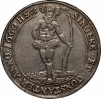 German States coin 1 Thaler - Christian Ludwig (1654 - 1665) reverse reverse of 1 Thaler - Christian Ludwig (1654 - 1665) coin with KM# 237 from German States. Inscription: SINCERE . ET . CONSTANTER . ANNO.1660.HS.