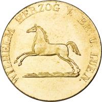 obverse of 10 Thaler - Wilhelm (1831) coin with KM# 1121 from German States. Inscription: WILHELM HERZOG V. BR. U. LUEN.
