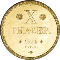 reverse of 10 Thaler - Wilhelm (1831) coin with KM# 1121 from German States. Inscription: X THALER 1831 C.v.C