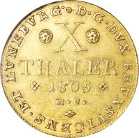 reverse of 10 Thaler - Karl Wilhelm Ferdinand (1794 - 1806) coin with KM# 1041 from German States. Inscription: D.G.DVX BRVNSVICENS. ET LVNEBVRG. X THALER 1805 M.C.