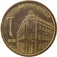 reverse of 1 Dinar - 2'nd Coat of Arms; Magnetic (2011 - 2014) coin with KM# 54 from Serbia. Inscription: ДИНАР-DINAR 1 2013