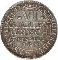 obverse of 6 Mariengroschen - Karl I (1735 - 1780) coin with KM# 872 from German States.